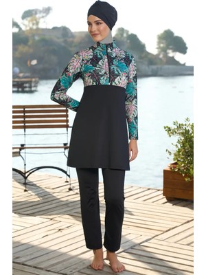 Sefa Merve Flora Desenli Etekli Boneli Tesettür Mayo 25937-01 Siyah