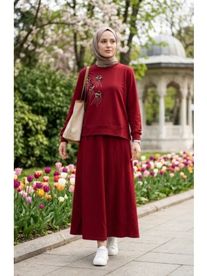 Sefa Merve Çiçek Nakışlı Taşlı Ikili Takım 0255-04 Bordo