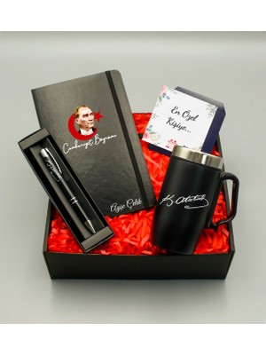 As Gift 29 Ekime Özel Isim Soyisimli Siyah Defter & Siyah Bardak Termos & Siyah Roller Kalem Hediye Seti