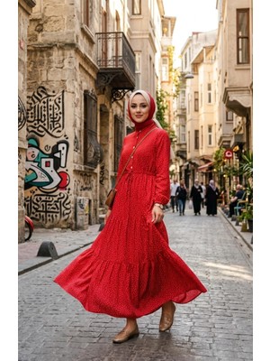 Sefa Merve Hakim Yaka Puantiyeli Tesettür Elbise 0290-02 Kırmızı