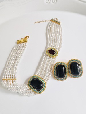 Devi Fashion Lüx Inci Choker Kolye ve Küpe Set