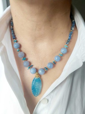 Devi Fashion Mavi Kristal Kuvars Doğal Taş Tasarım Kolye