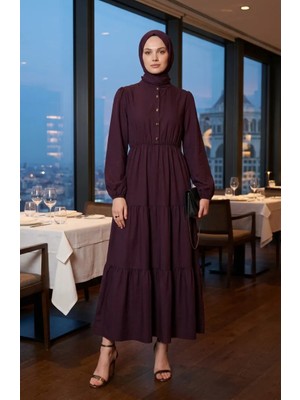 Sefa Merve Yarım Düğmeli Beli Lastikli Elbise 0276-02 Mürdüm