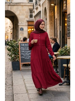 Sefa Merve Yarım Düğmeli Belden Bağlamalı Kat Kat Elbise 2273-06 Mürdüm