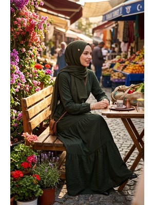 Sefa Merve Yarım Düğmeli Belden Bağlamalı Kat Kat Elbise 2273-05 Koyu Yeşil
