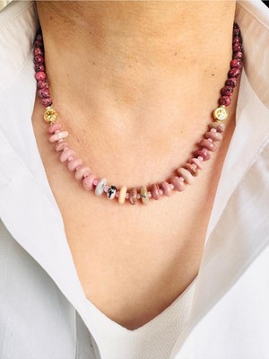 Devi Fashion Rodonit Pembe Mix Doğal Taş Kolye 45 cm