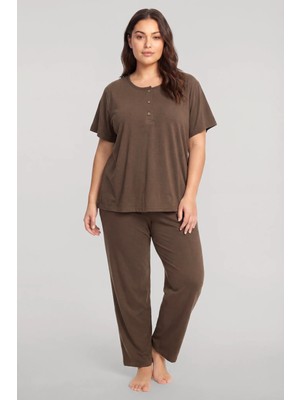Akbeniz Büyük Beden Düğmeli Kısa Kollu Pijama Takımı Kahverengi