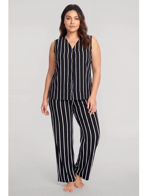 Akbeniz Büyük Beden Siyah Çizgili Yelekli Yazlık Pijama Takımı
