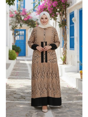 Sefa Merve Alacatı Desen Düğmeli Viskon Tesettür Elbise 2198-04 Sütlü Kahve