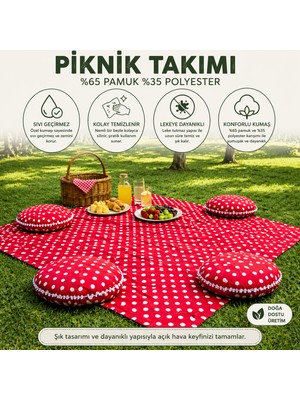 Zeren Home Keten Sıvı Geçirmez Puantiyeli Piknik Seti 4 Minderli Piknik Masa Örtüsü Bahçe Kamp Piknik Takımı