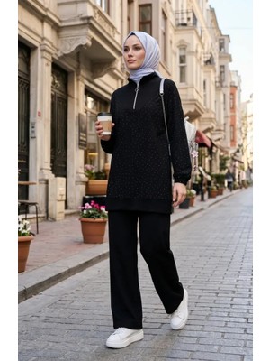 Sefa Merve Oysho Kumaş Taşlı Fermuarlı Tunik Pantolon Ikili Takım 0282-01 Siyah