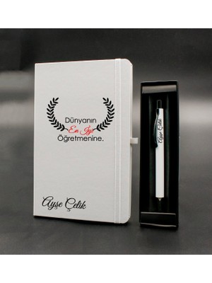 As Gift Öğretmenler Gününe Özel Tasarımlı Isim Soyisimli Beyaz Defter & Beyaz Tükenmez Kalem Hediye Seti