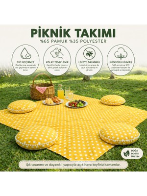 Zeren Home Keten Sıvı Geçirmez Puantiyeli Piknik Seti 4 Minderli Piknik Masa Örtüsü Bahçe Kamp Piknik Takımı