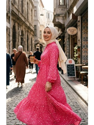 Sefa Merve Beli Bağcıklı Puantiyeli Kat Kat Elbise 0283-02 Pembe