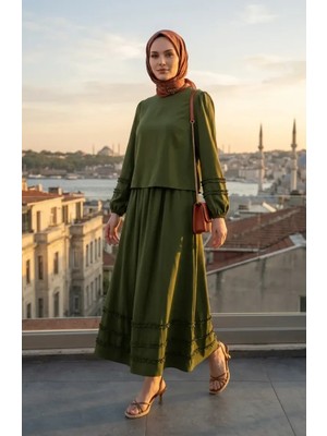 Sefa Merve Fırfırlı Bluz Etek Ikili Takım 0279-01 Haki