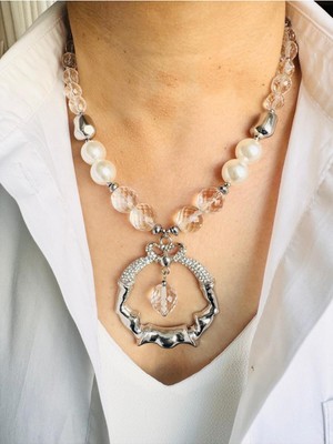 Devi Fashion Kristal Kuvars Doğal Taş Tasarım Kolye 46 cm
