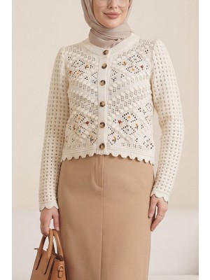 Moda Morfo Çiçek Nakışlı Ponponlu Ajurlu Triko Hırka      -Krem