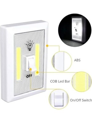 HBMB Store Pille Çalışan Duvar Anahtarı Tipi Cob LED Lamba, Kablosuz Dolap Içi Aydınlatma, Mıknatıslı, Yapışkanlı Gece Lambası, Kitap Lambası (1 Adet)