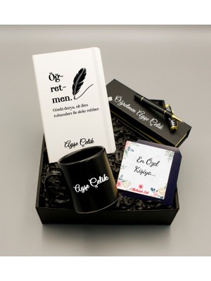 As Gift Öğretmenler Gününe Özel Tasarımlı Kişiye Özel Isim Soyisimli Beyaz Defter & Siyah Kupa & Siyah Roller Kalem Hediye Seti