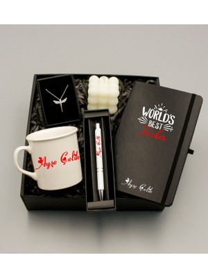 As Gift Öğretmenler Gününe Özel World Best Teacher Tasarımlı Kişiye Özel Siyah Defter & Beyaz Kupa & Melek Kolye & Beyaz Roller Kalem & Bubble Mum Hediye Seti