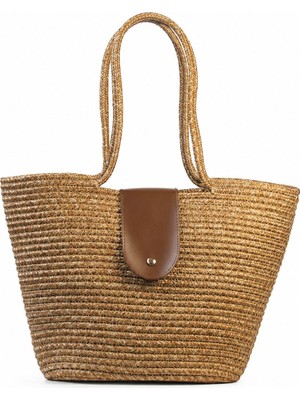 Tandi Bags Penzi Kapaklı Handmade Hasır Tote Çanta Vizon