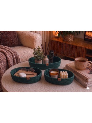 Fabrix Home 3’lü Premium %100 Pamuk Oval Sepet Seti – Organize Şıklık - Koyu Yeşil