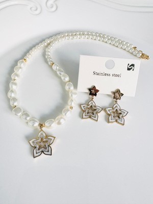 Devi Fashion Çelik Sedefli Çiçek Kolye Küpe Inci Takım (Sevgililer Günü Nişan Düğün)