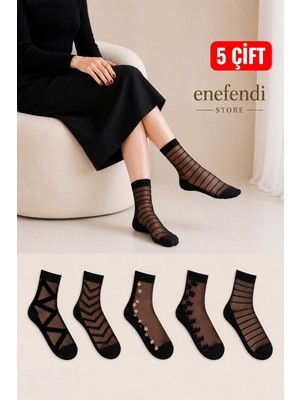 NF ND ENEFENDİ 5’li Kadın Tül Çorap ✦ Desenli Siyah Ten Şeffaf Soket Likralı ✦ 36-40