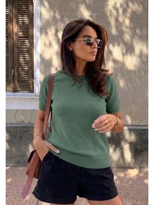 Hanope Bisiklet Yaka Likralı Kısa Kollu Mint Bluz
