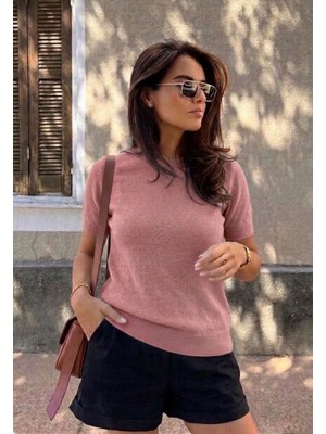 Hanope Bisiklet Yaka Likralı Kısa Kollu Pudra Bluz
