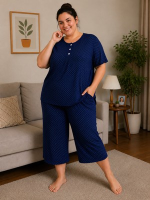 Balis Pijama Kadın Büyük Beden Çiçek Desenli Benekli Pijama Takımı Kısa Kollu Kapri Alt Üst Set Düğme Detaylı Pamuklu Battal Beden Rahat Kalıp Şık Ev Giyimi Uyku Seti