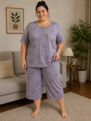 Balis Pijama Kadın Büyük Beden Çiçek Desenli Benekli Pijama Takımı Kısa Kollu Kapri Alt Üst Set Düğme Detaylı Pamuklu Battal Beden Rahat Kalıp Şık Ev Giyimi Uyku Seti
