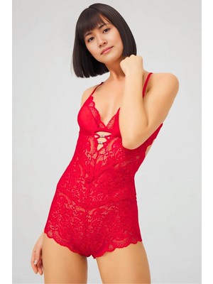 Homay Açık Sırt Dekolteli Transparan Dantelli Şort Form Bodysuit