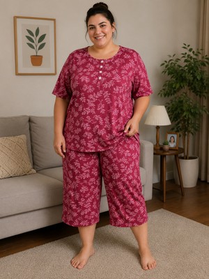 Balis Pijama Kadın Büyük Beden Çiçek Desenli Benekli Pijama Takımı Kısa Kollu Kapri Alt Üst Set Düğme Detaylı Pamuklu Battal Beden Rahat Kalıp Şık Ev Giyimi Uyku Seti