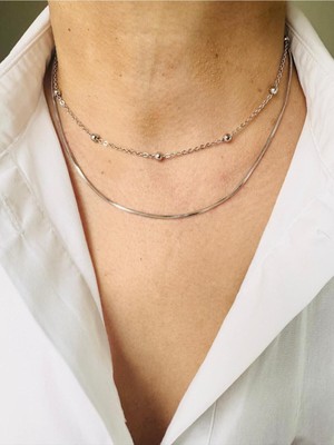 Devi Fashion Çelik Ikili Topçuk Silver Zincir  Kolye