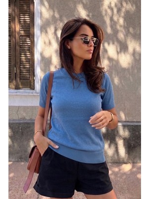 Hanope Bisiklet Yaka Likralı Kısa Kollu Indigo Bluz