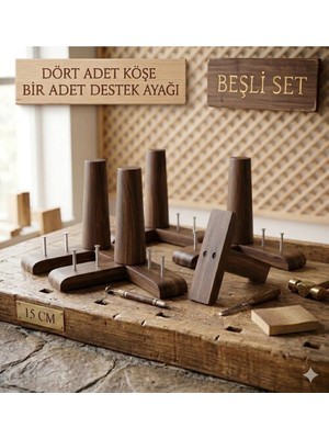 Legora Wood Design 1. Sınıf Gürgen Ağacı Koyu Ceviz Mobilya Kanepe Koltuk Tv Ünitesi Mobilya Ayakları 5’li Set Köşe Ayak ve Destek Ayağı 15 cm Robot Süpürge Uyumlu