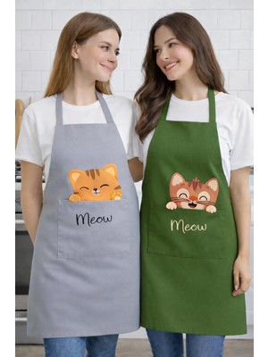 Ays Home Kedi Basklı Cepli 2'li Mutfak Önlüğü Seti