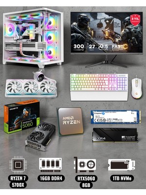 Efs Ryzen 7 5700X 16GB Ddr4 Ram 1tb Nvme 5060 Ekran Kartlı 360MM Sıvı Soğutmalı 27 Inç Monitörlü Klavyeli Gaming Pc