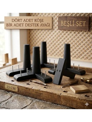 Legora Wood Design 1. Sınıf Gürgen Ağacı Siyah Mobilya Kanepe Koltuk Tv Ünitesi Mobilya Ayakları 5’li Set Köşe Ayak ve Destek Ayağı 15 cm Robot Süpürge Uyumlu