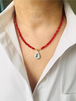 Devi Fashion Doğal Taş Turkuaz Damla Uçlu Kolye