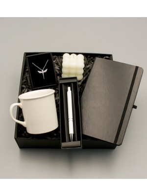 As Gift Siyah Defter & Beyaz Kupa & Melek Kolye & Beyaz Roller Kalem & Bubble Mum Hediye Seti