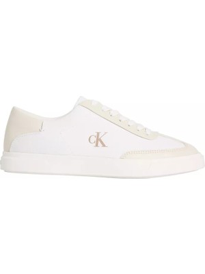 Calvin Klein Kadın Deri ve Kumaş Karışımlı Ck Logo Detaylı Düşük Bilekli Beyaz Sneaker HW0HW03145-0HT