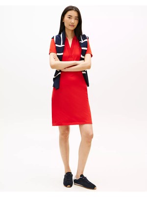 Tommy Hilfiger Kadın Gömlek Yakalı Bol Kol Detaylı Düğme Kapamalı Kırmızı Elbise WW0WW42567-SNE