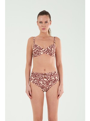 Louren Kadın Bordo Desenli Dokulu Kumaş Yüksek Belli, Telli Toparlayıcı Bikini Takımı