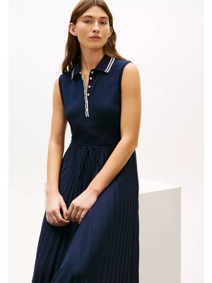 Tommy Hilfiger Kadın Pileli Kolsuz Polo Yaka Midi Lacivert Elbise WW0WW49621-C1G