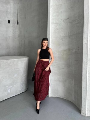 Trendparis Piliseli Mikro Saten Kırışık Model Maxi Boy Etek