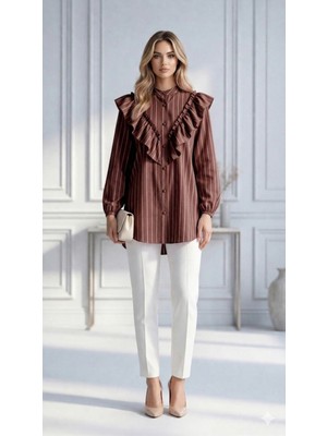 Trendparis Şık ve Feminen Fırfır Detaylı Çizgili Bluz