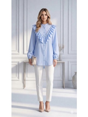 Trendparis Şık ve Feminen Fırfır Detaylı Çizgili Bluz