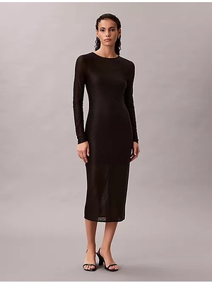 Calvin Klein Kadın Ck Logolu Yuvarlak Yakalı Midi Boy Dantel Siyah Elbise LV047E229G-UB1